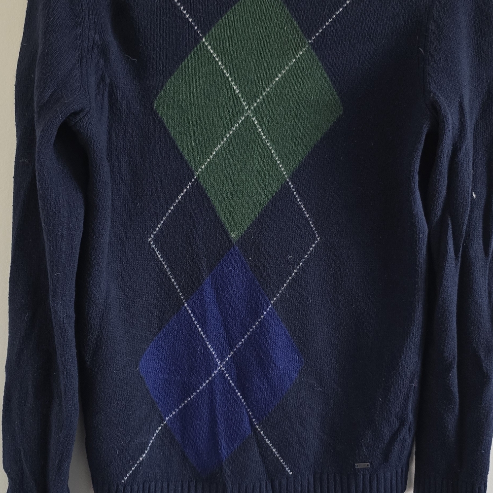 Tommy Hilfiger Navy and Green Argyle Crewneck Sweater